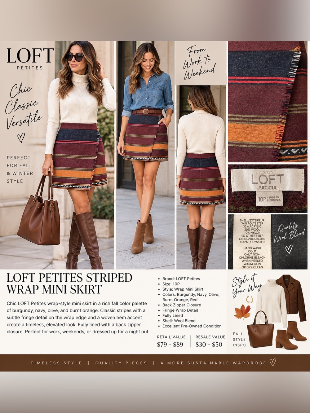 LOFT Petites 10P Wool Blend Striped Faux Wrap Fringe Mini Skirt Boho